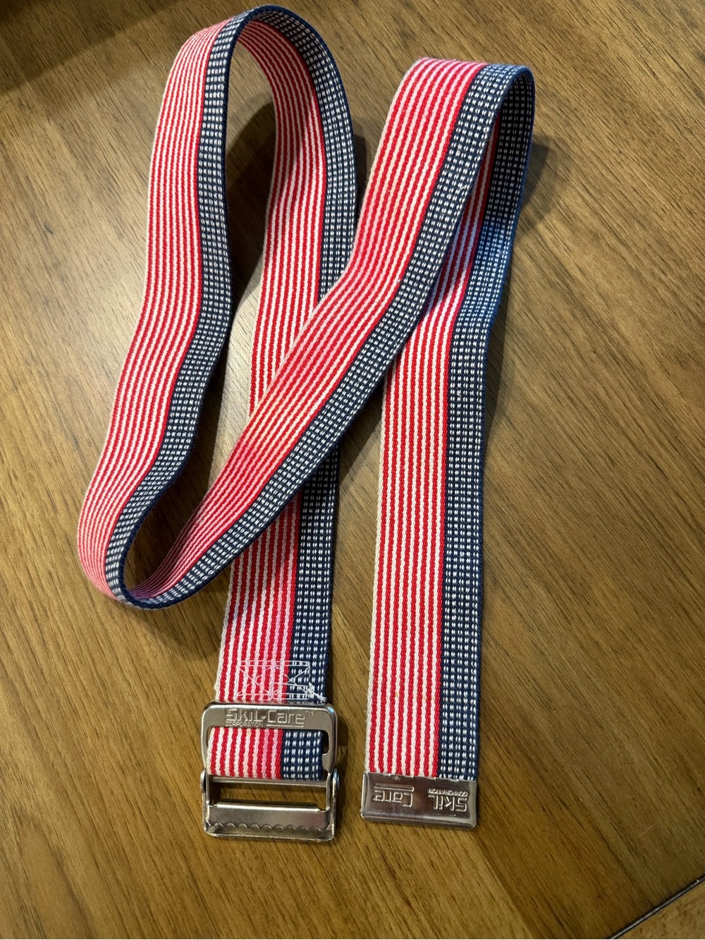 Striped Red and Navy Webbing Belt with Metal Buckle